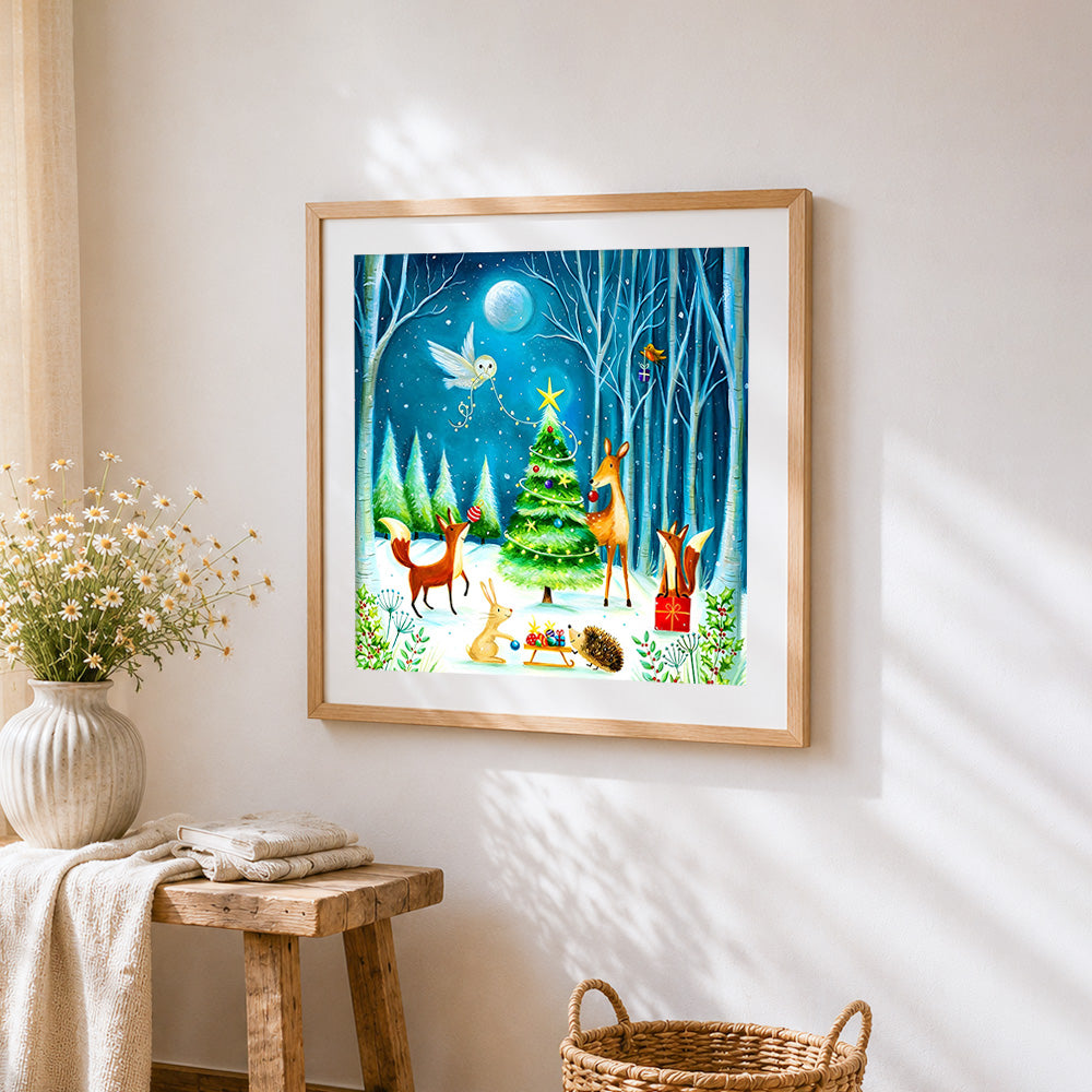 Woodland animals decorating the christmas tree cross stitch artwork displayed on wall as home decor