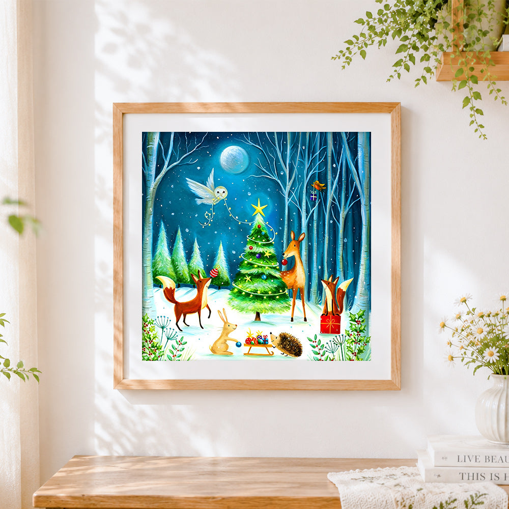 Finished woodland animals decorating the christmas tree paint by numbers artwork displayed as home decor