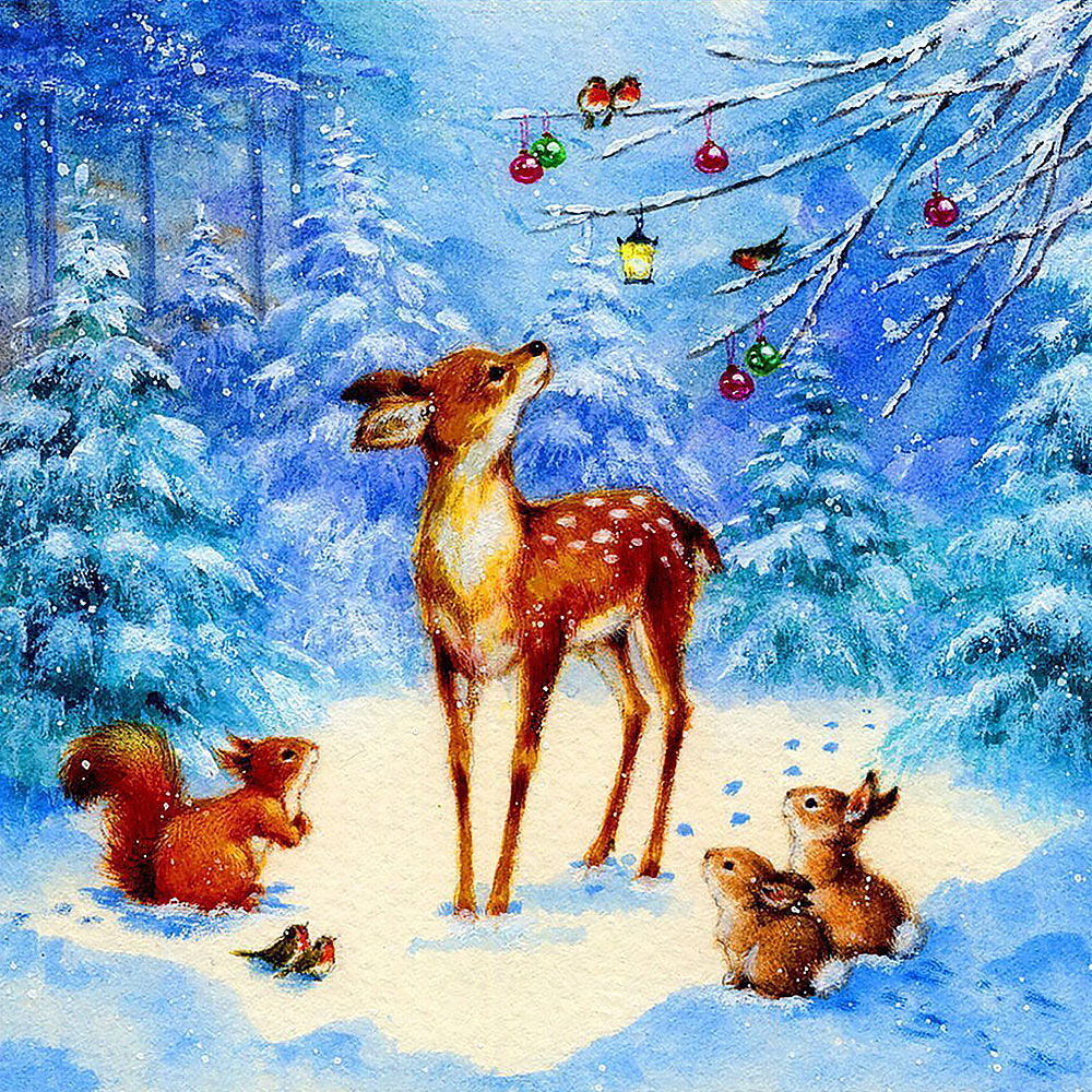 Woodland deer and squirrel in snow cross stitch kit for beginners