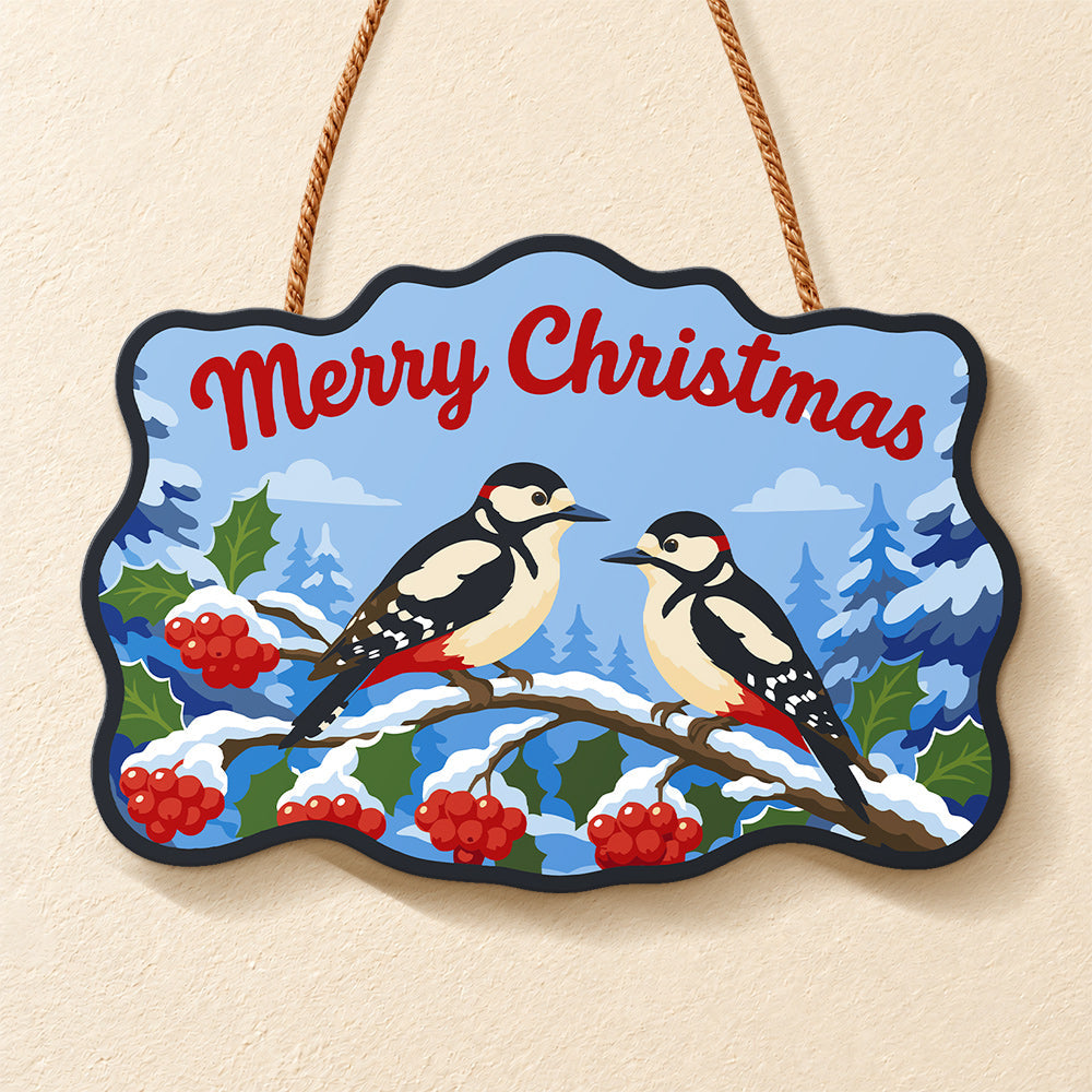 Woodpecker holly christmas paint by numbers door hanger finished design