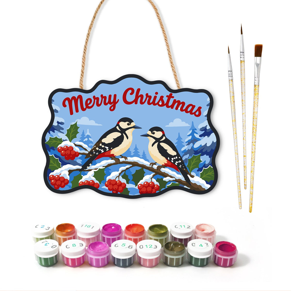 Woodpecker holly christmas paint by numbers door hanger with paints and brushes
