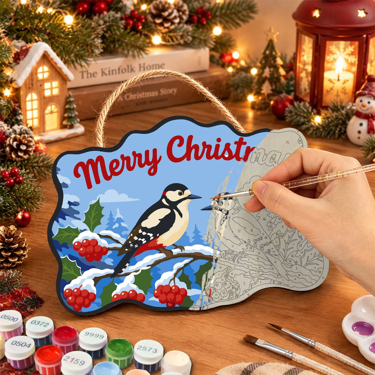 Woodpecker holly christmas paint by numbers door hanger painting process