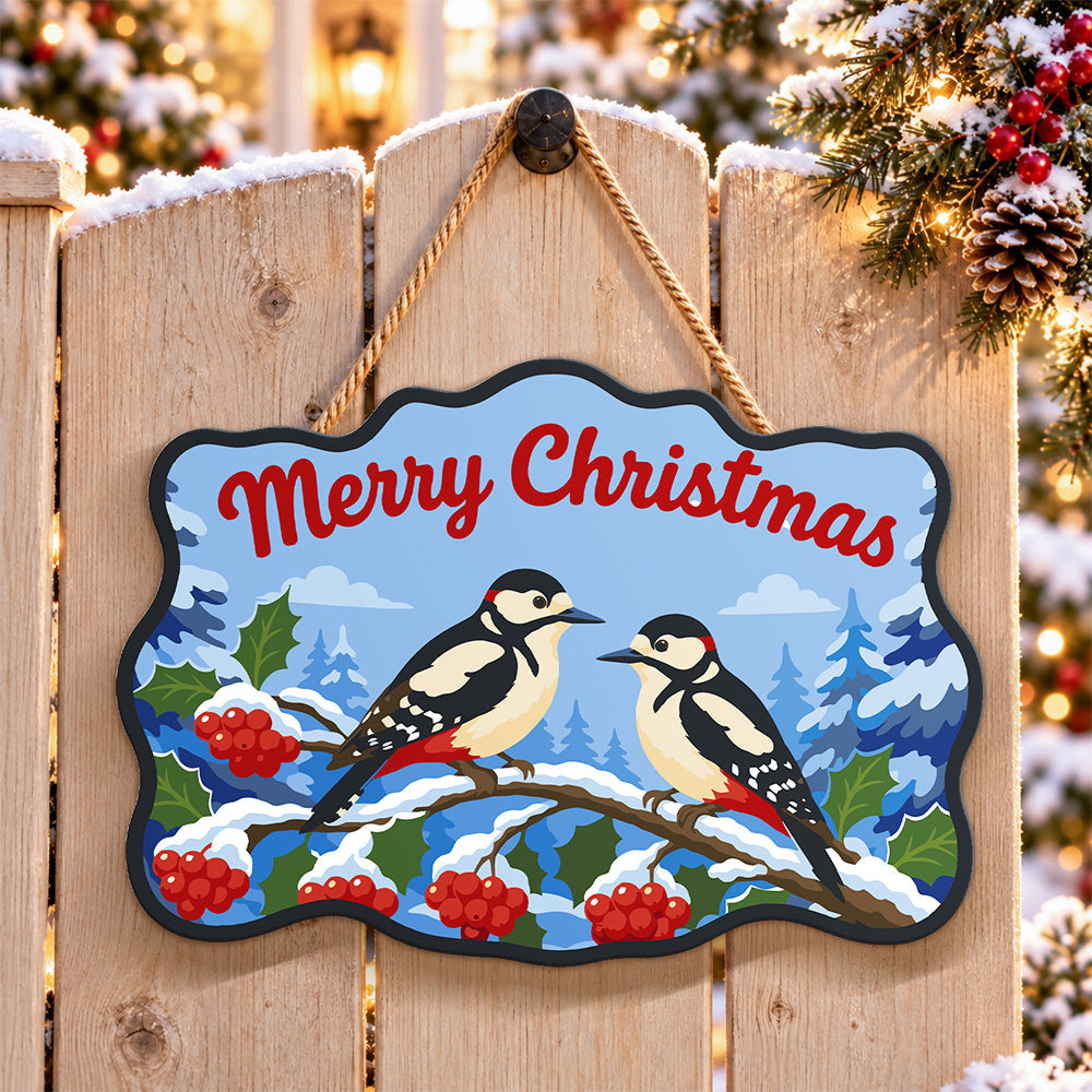 Woodpecker holly christmas paint by numbers door hanger on a garden gate