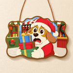 Worried dog with gifts paint by numbers door hanger finished design