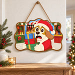Worried dog with gifts paint by numbers door hanger as indoor wall decor
