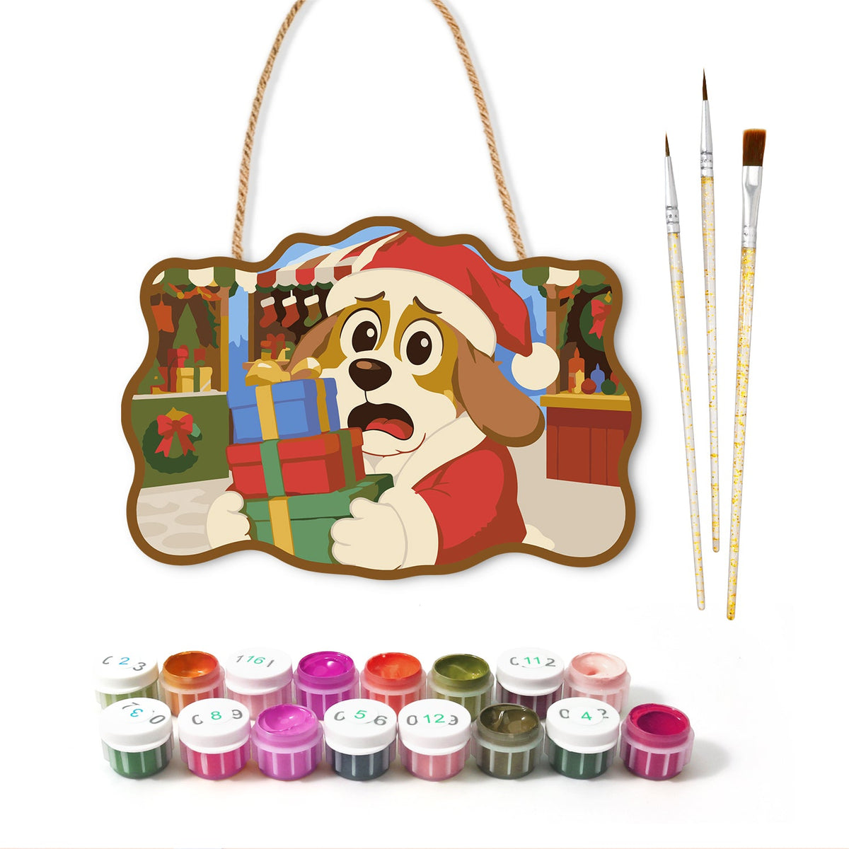 Worried dog with gifts paint by numbers door hanger with paints and brushes