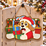 Worried dog with gifts paint by numbers door hanger on a garden gate