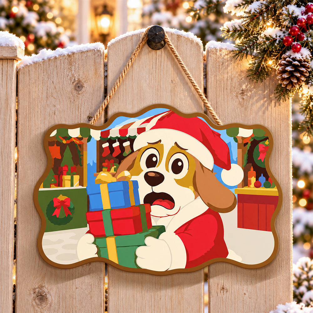 Worried dog with gifts paint by numbers door hanger on a garden gate