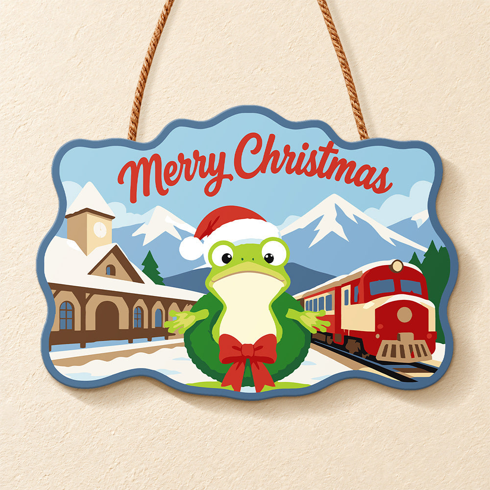 Wreath frog train station paint by numbers door hanger finished design