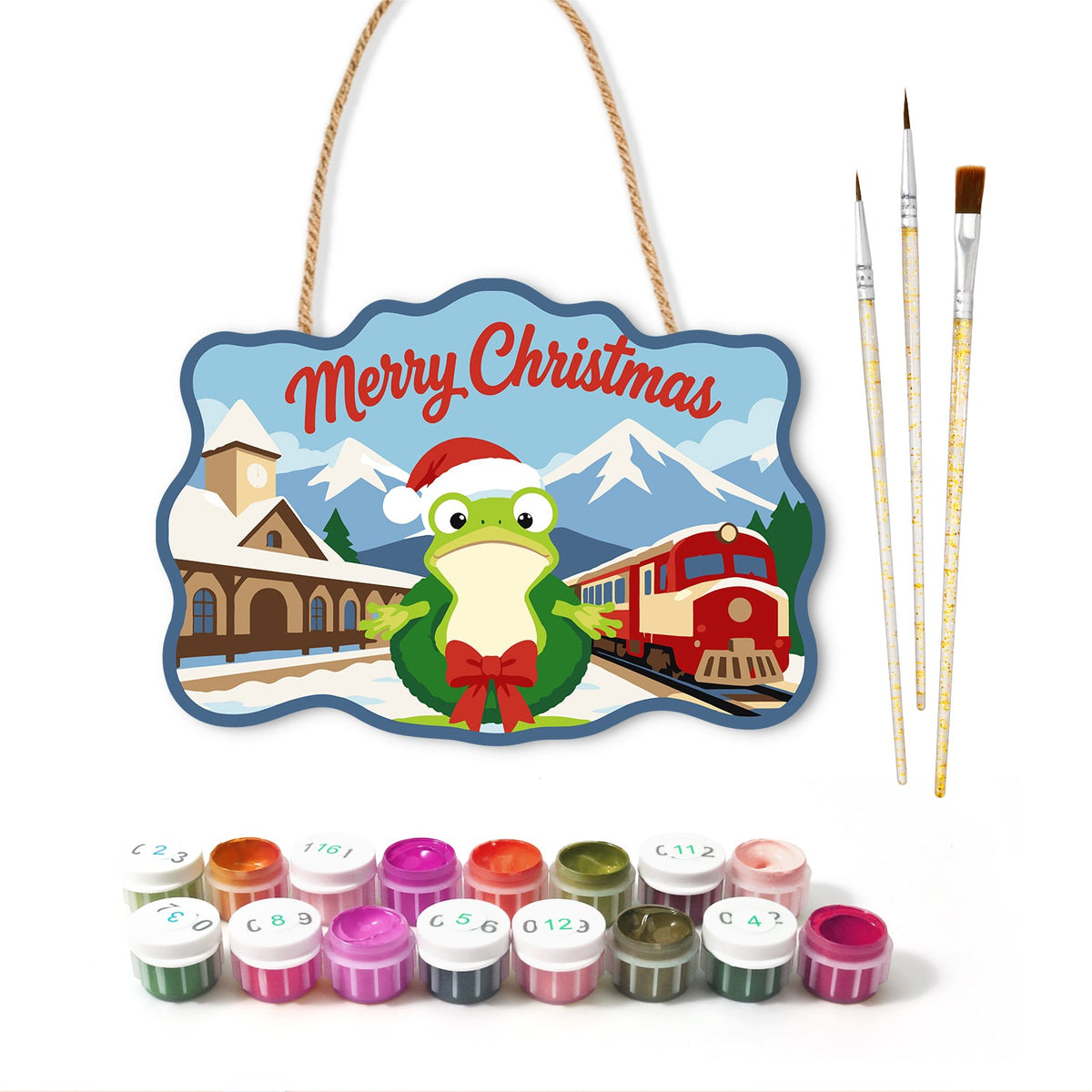 Wreath frog train station paint by numbers door hanger with paints and brushes