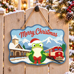 Wreath frog train station paint by numbers door hanger on a garden gate