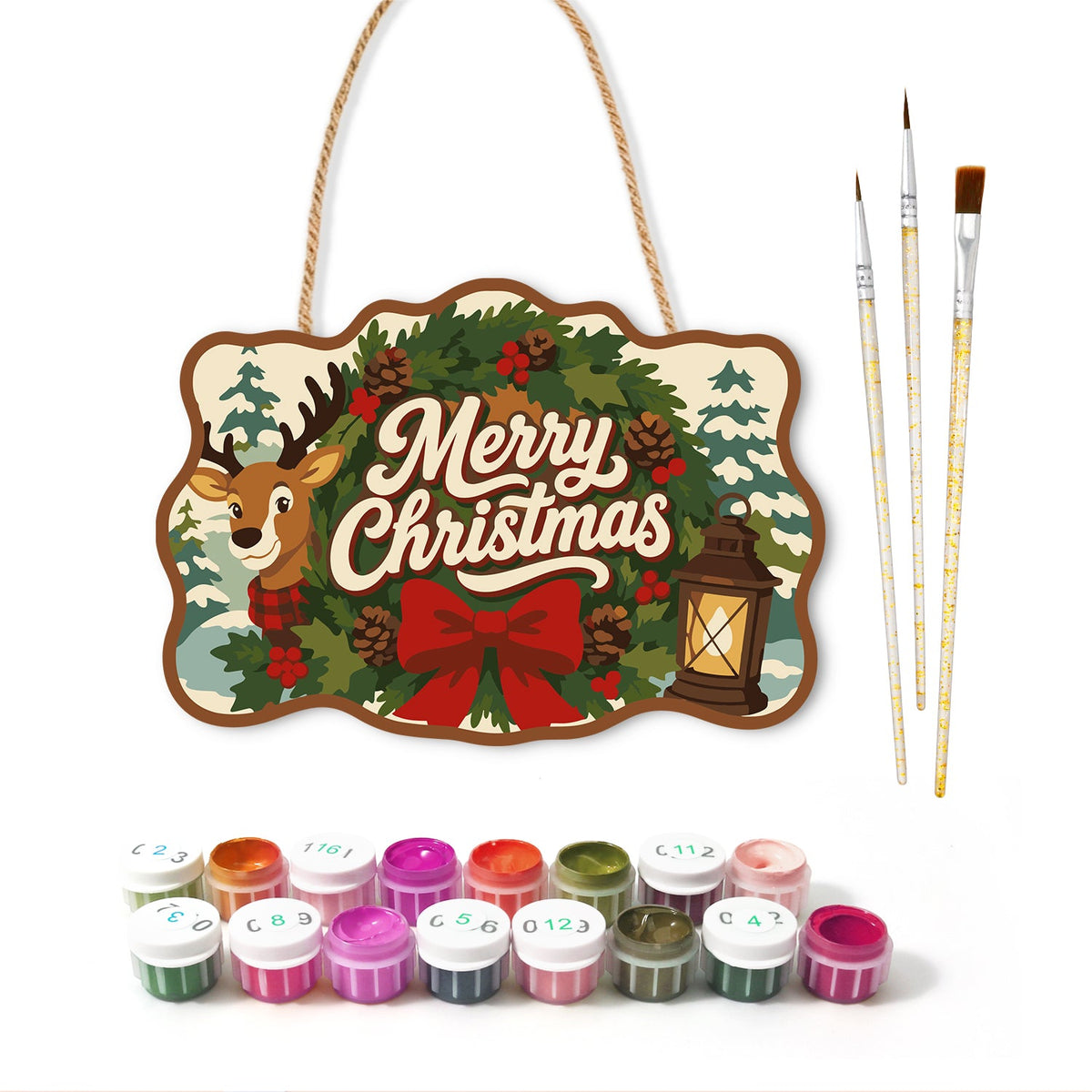 Wreath reindeer christmas paint by numbers door hanger with paints and brushes