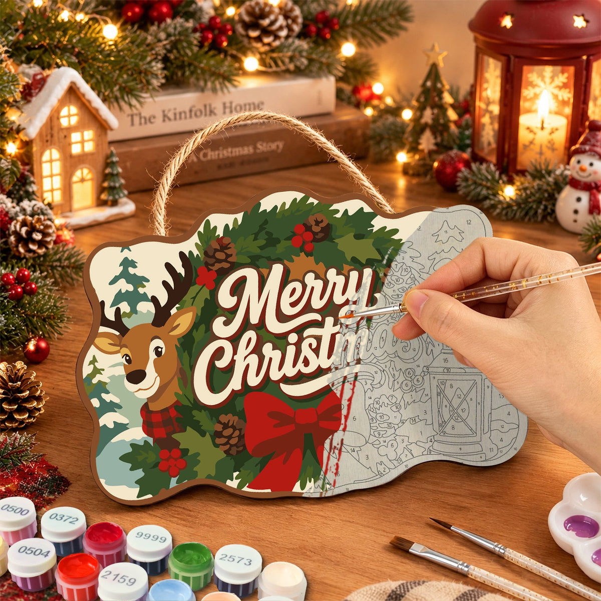Wreath reindeer christmas paint by numbers door hanger painting process