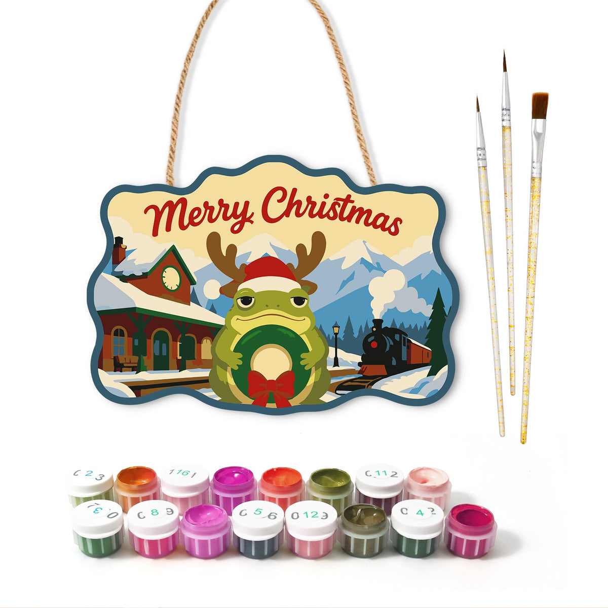 Wreath reindeer frog paint by numbers door hanger with paints and brushes