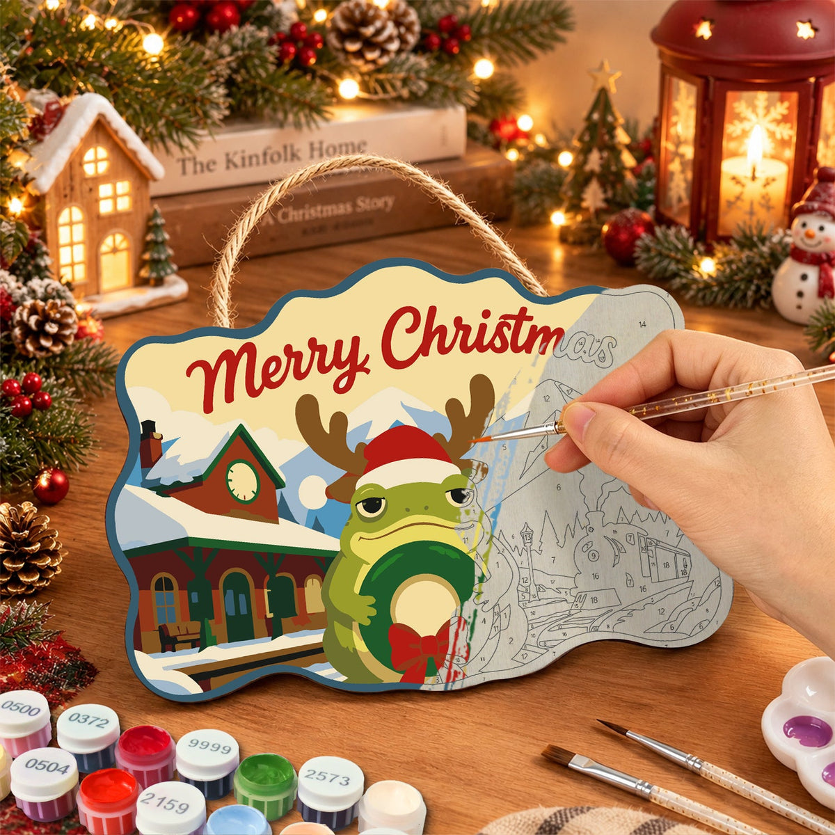 Wreath reindeer frog paint by numbers door hanger painting process