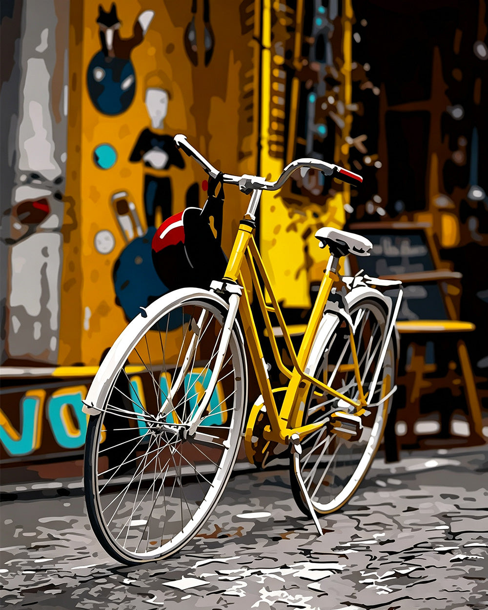 Yellow bicycle in the city cross stitch kit for beginners