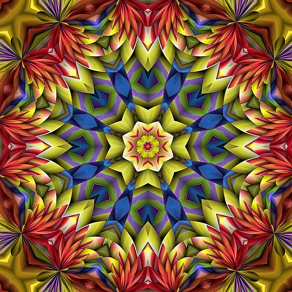 Yellow red and blue kaleidoscope mandala cross stitch kit for beginners