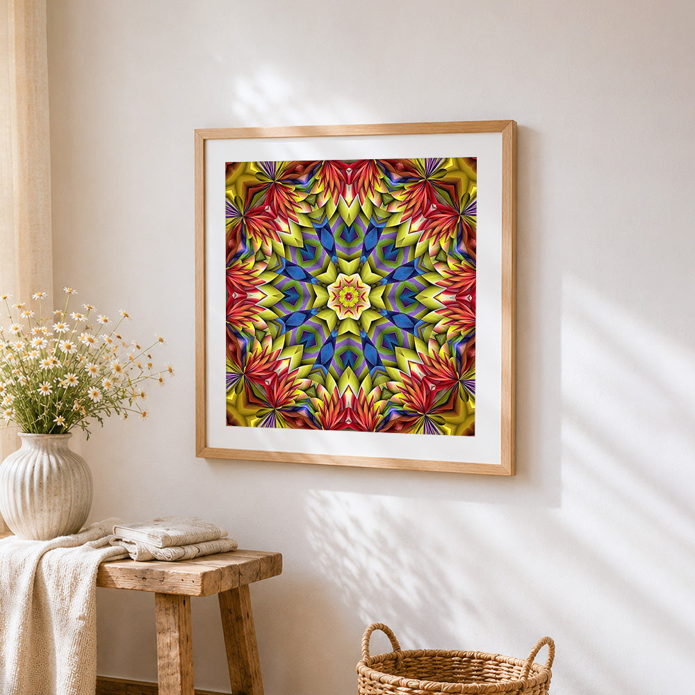 Yellow red and blue kaleidoscope mandala cross stitch artwork displayed on wall as home decor