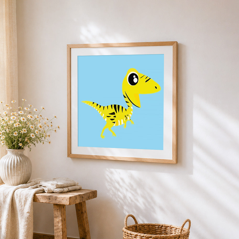 Yellow striped velociraptor dinosaur cross stitch artwork displayed on wall as home decor