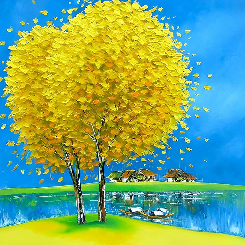 Yellow tree and lakeside village cross stitch kit for beginners