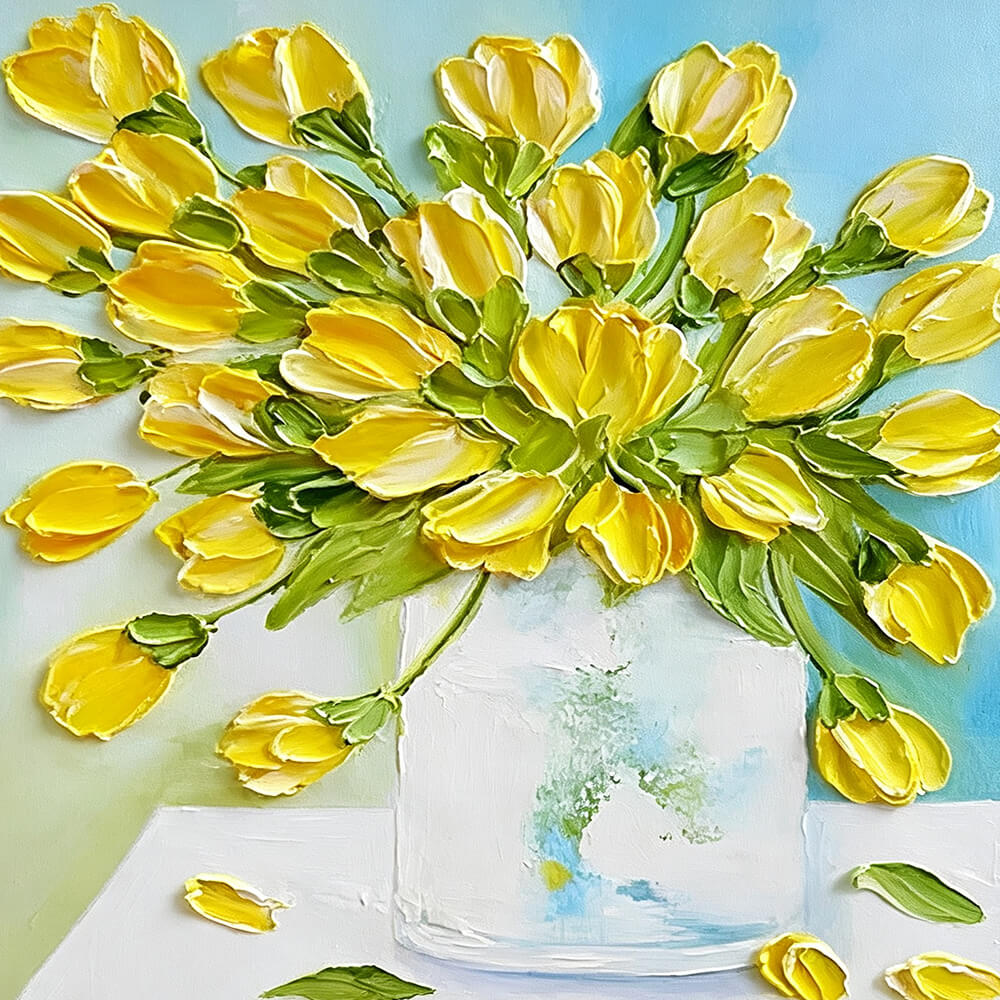 Yellow tulips in a vase cross stitch kit for beginners