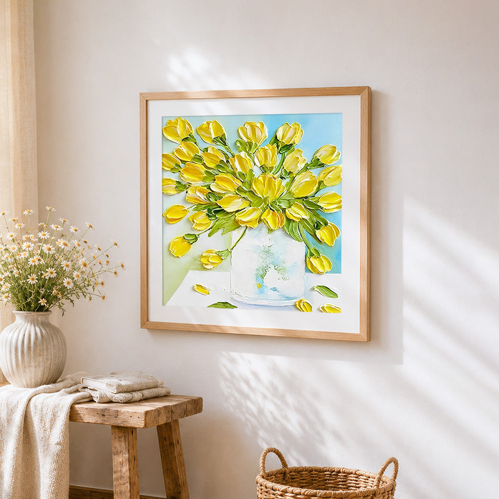 Yellow tulips in a vase cross stitch artwork displayed on wall as home decor
