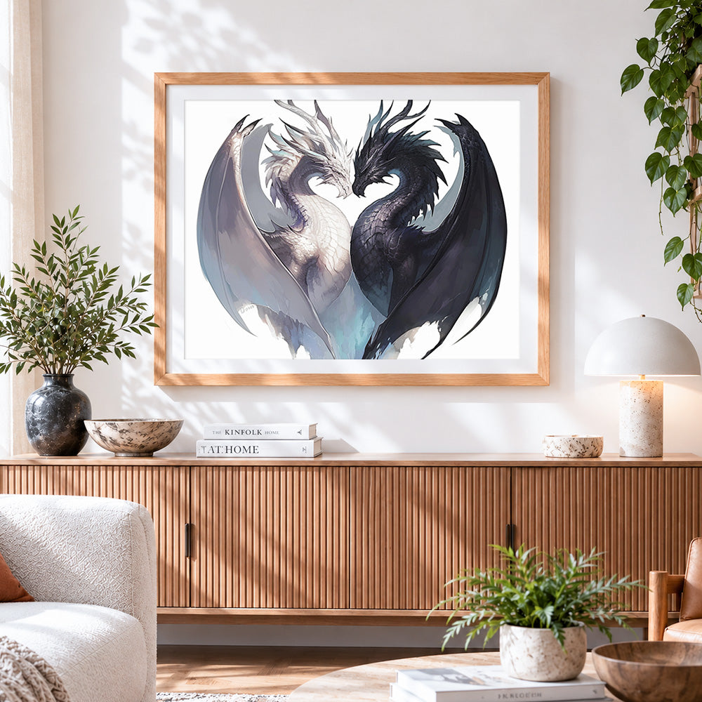 Finished yin yang black and white dragons cross stitch artwork displayed