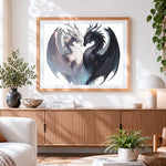 Finished yin yang black and white dragons cross stitch artwork displayed