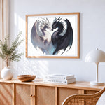 Yin yang black and white dragons cross stitch artwork displayed on wall as home decor