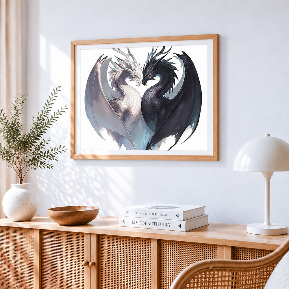 Yin yang black and white dragons cross stitch artwork displayed on wall as home decor
