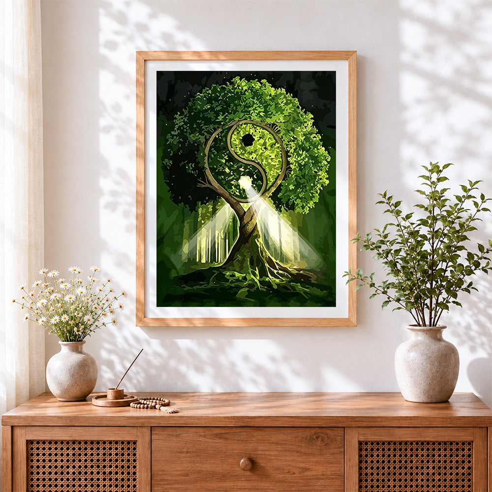 Finished yin yang tree of life cross stitch artwork displayed