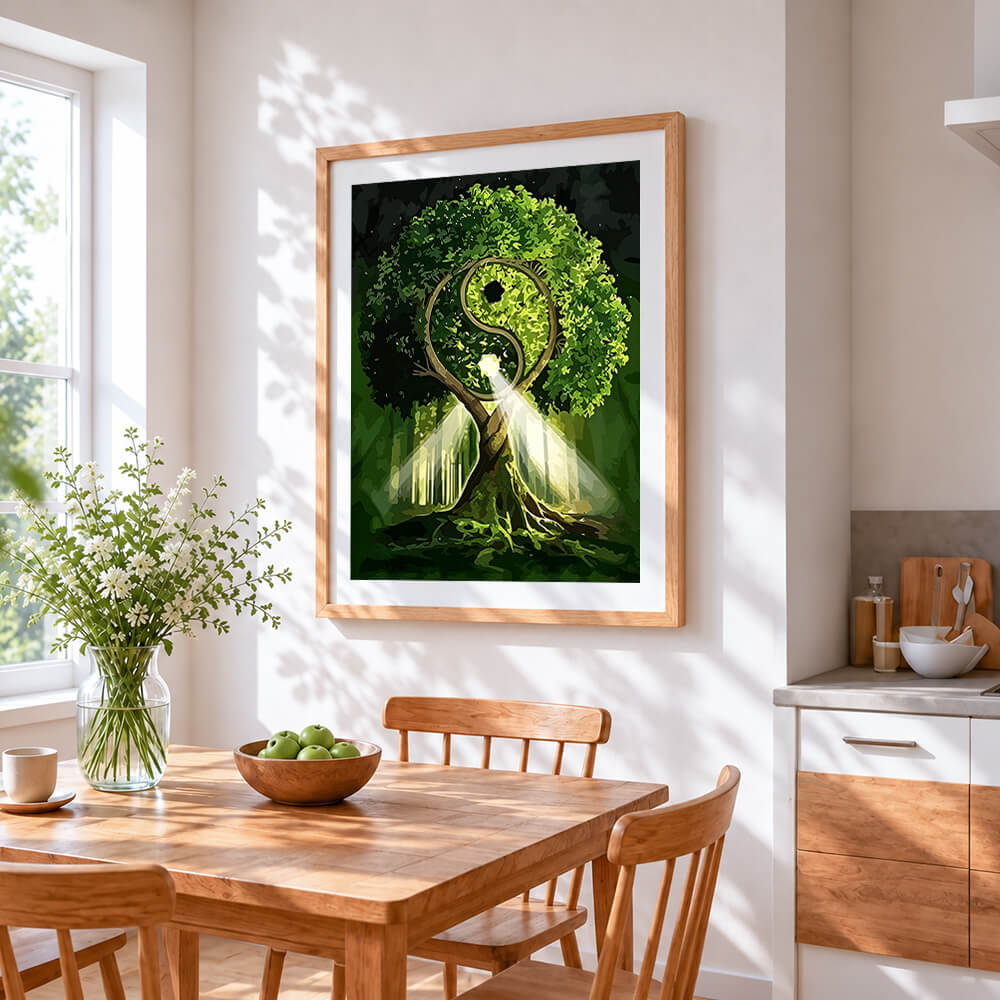 Yin yang tree of life cross stitch artwork displayed on wall as home decor