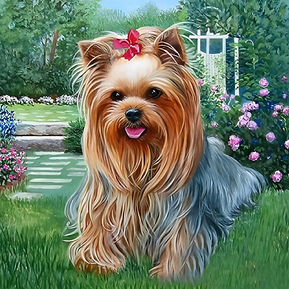 Yorkshire terrier in a flower garden cross stitch kit for beginners