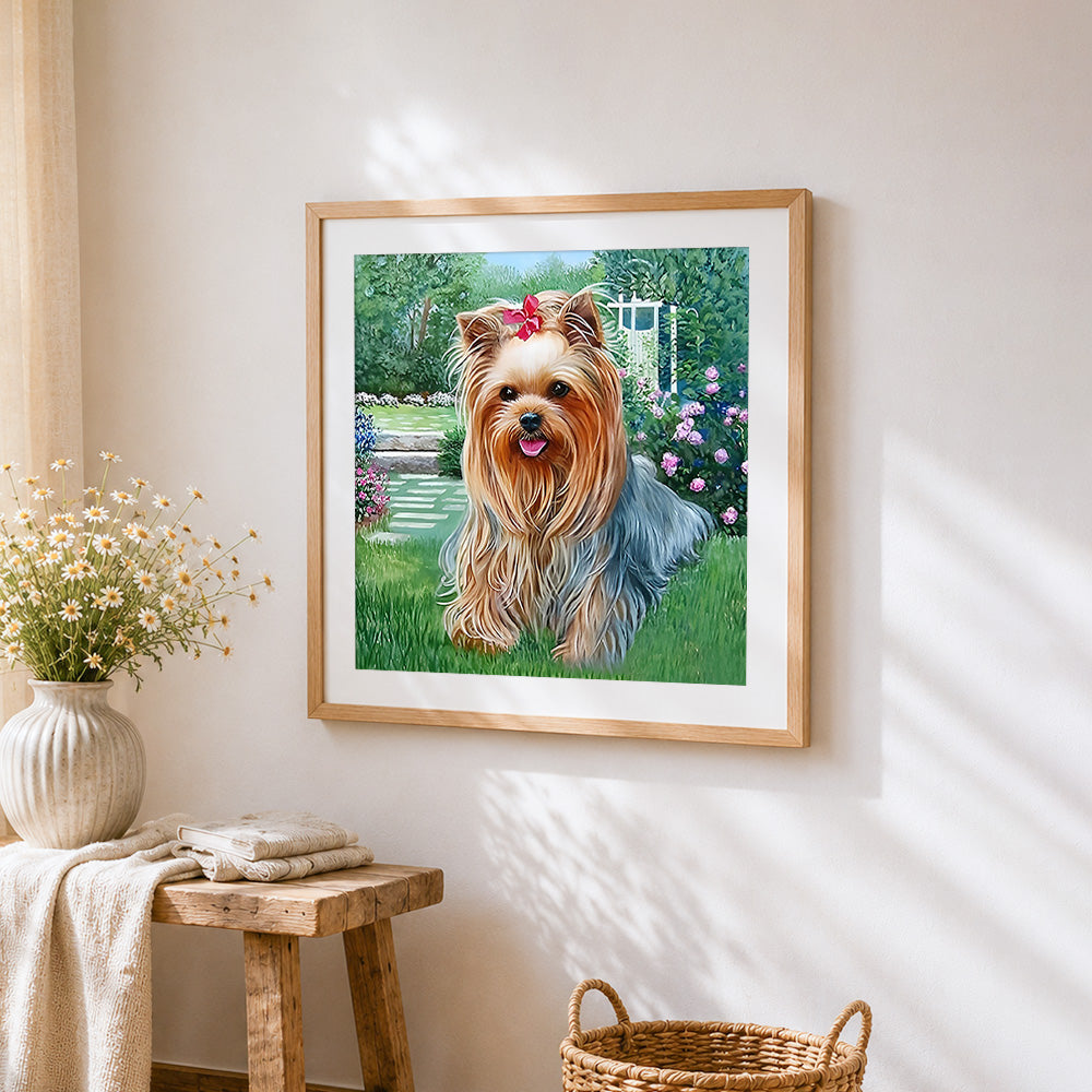 Yorkshire terrier in a flower garden cross stitch artwork displayed on wall as home decor