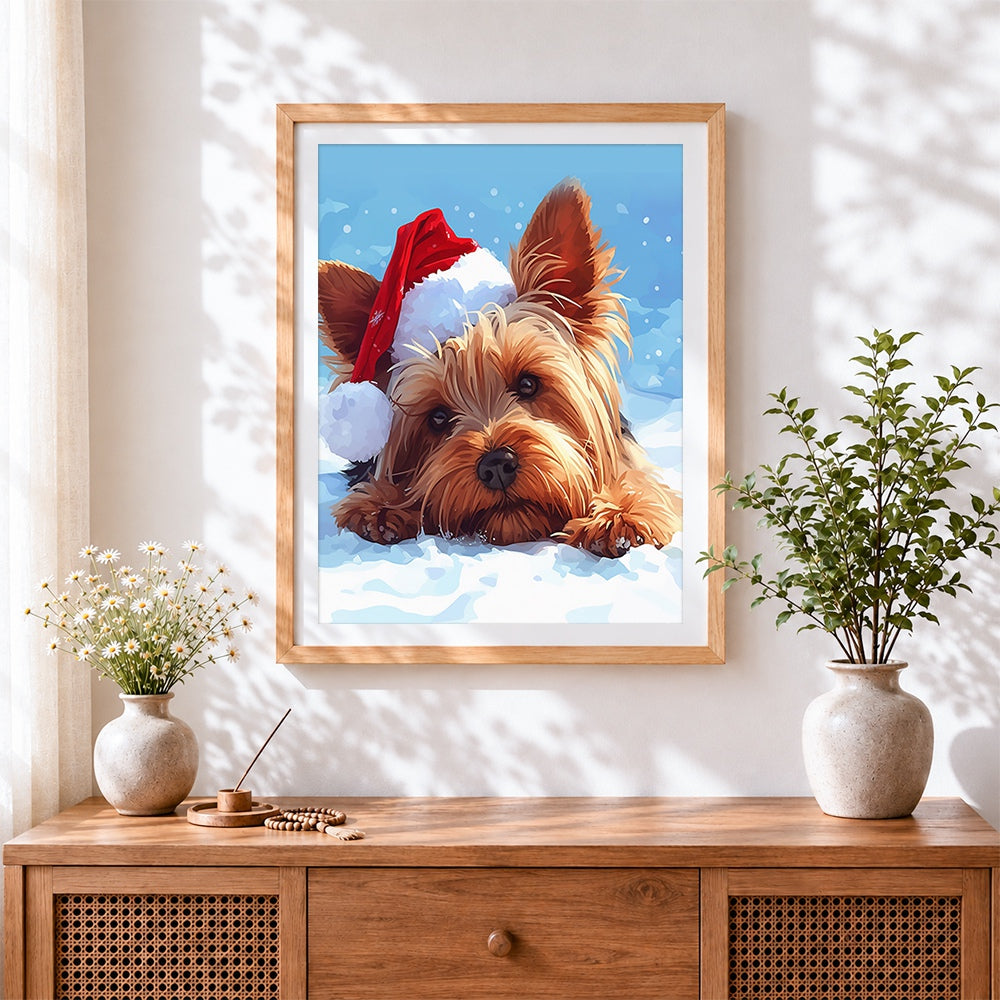 Finished yorkshire terrier in santa hat cross stitch artwork displayed