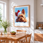 Yorkshire terrier in santa hat cross stitch artwork displayed on wall as home decor