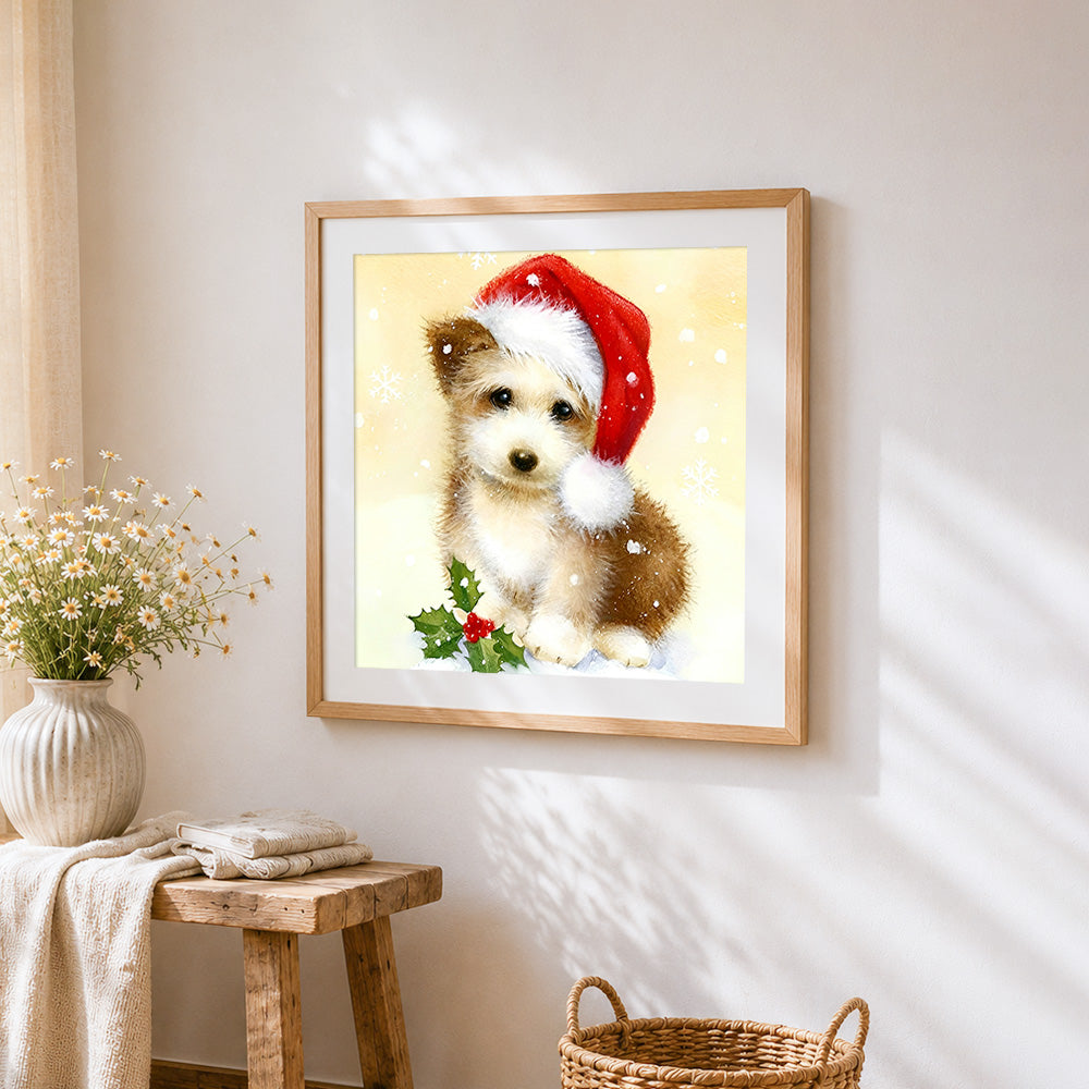 Yorkshire terrier puppy with santa hat and holly cross stitch artwork displayed on wall as home decor