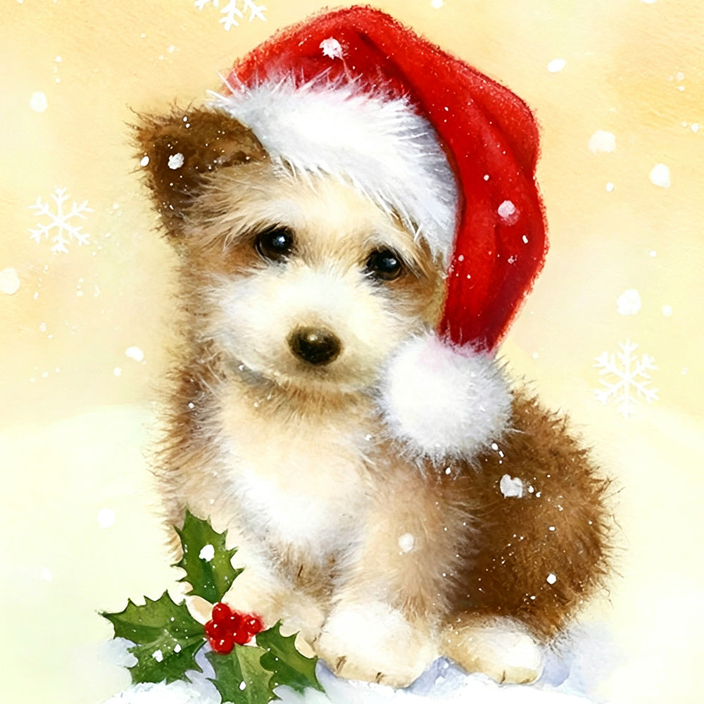 Yorkshire terrier puppy with santa hat and holly paint by numbers kit for beginners