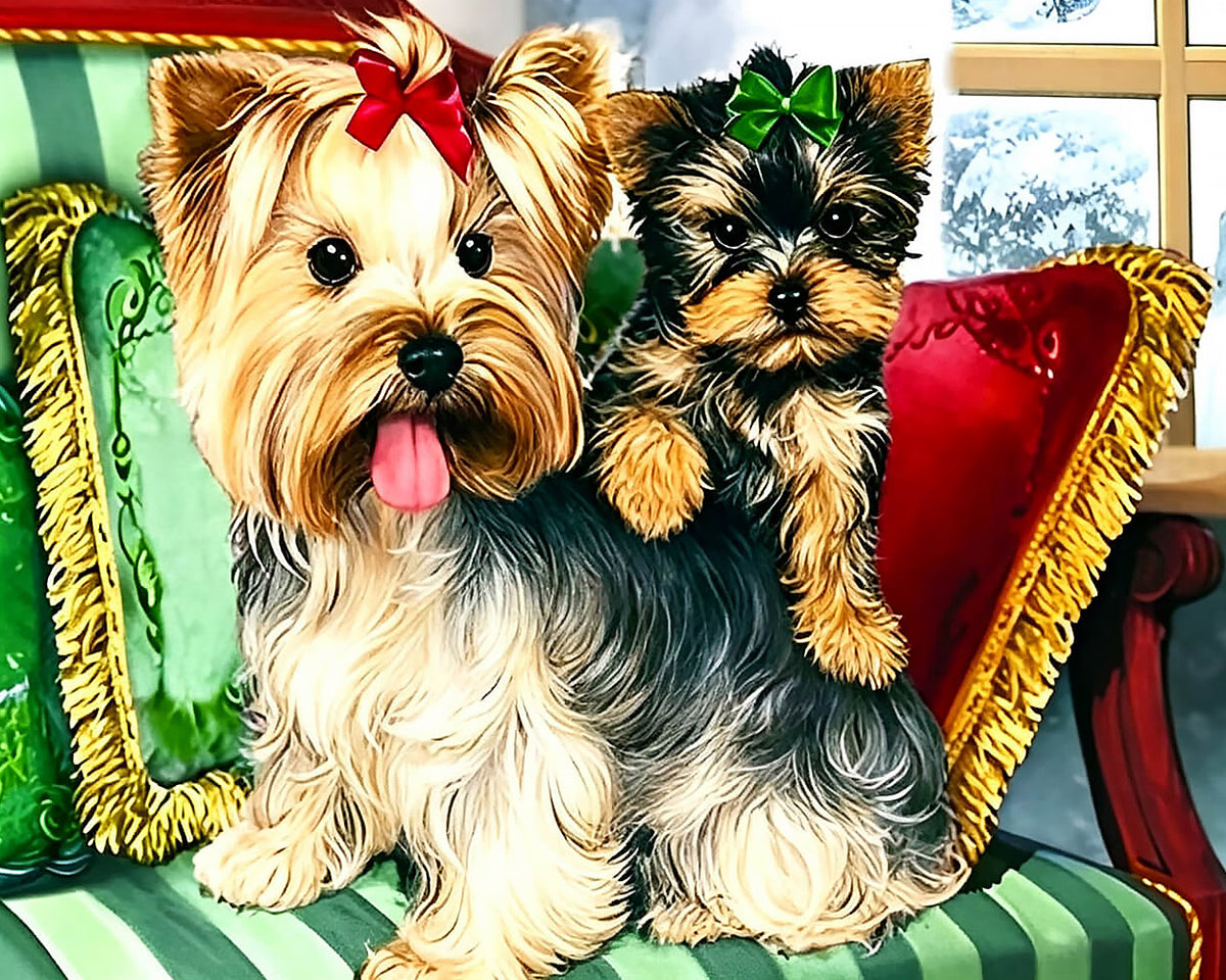 Yorkshire terriers with bows cross stitch kit for beginners