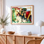Yorkshire terriers with bows cross stitch artwork displayed on wall as home decor
