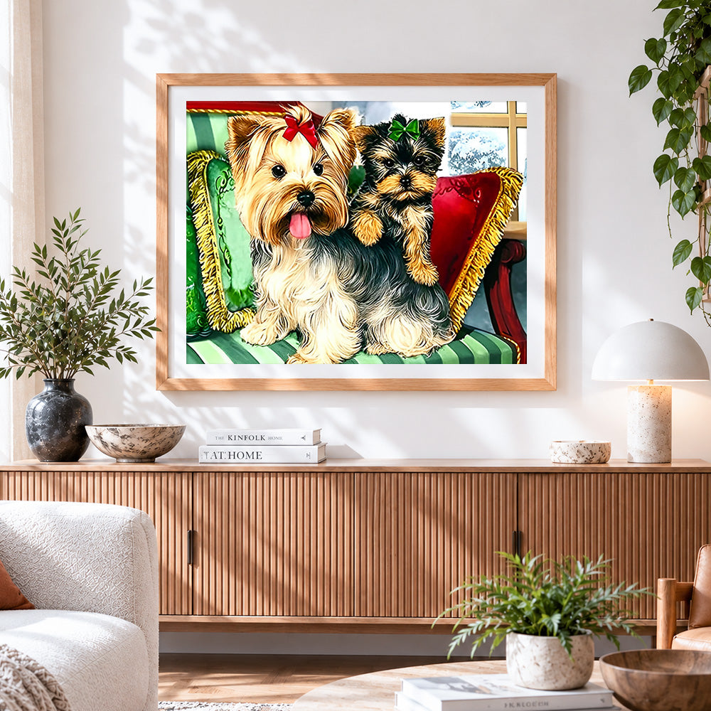Finished yorkshire terriers with bows paint by numbers artwork displayed as home decor