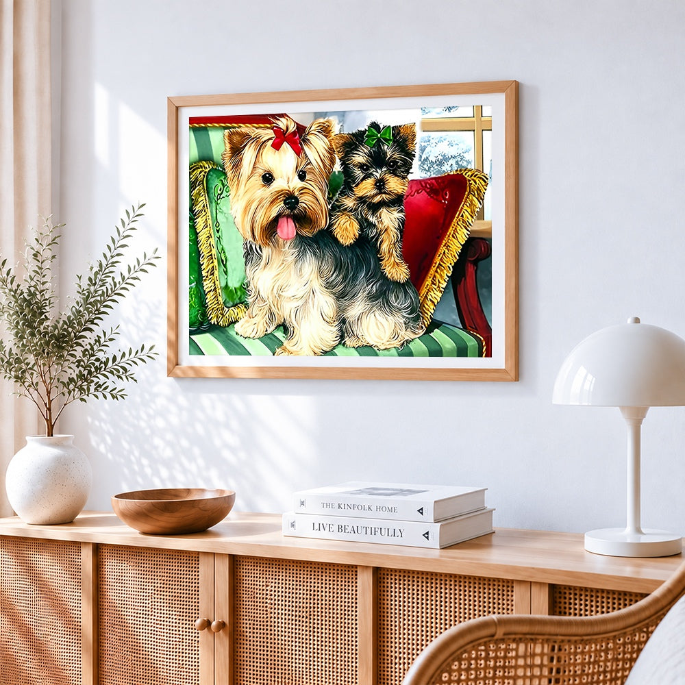 Yorkshire terriers with bows paint by numbers artwork displayed on wall as home decor