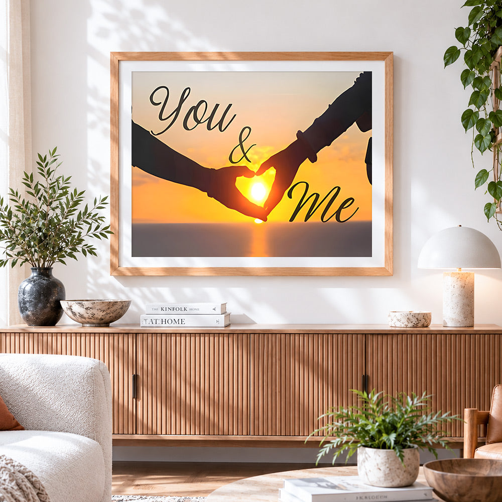 Finished you and me sunset silhouette paint by numbers artwork displayed as home decor
