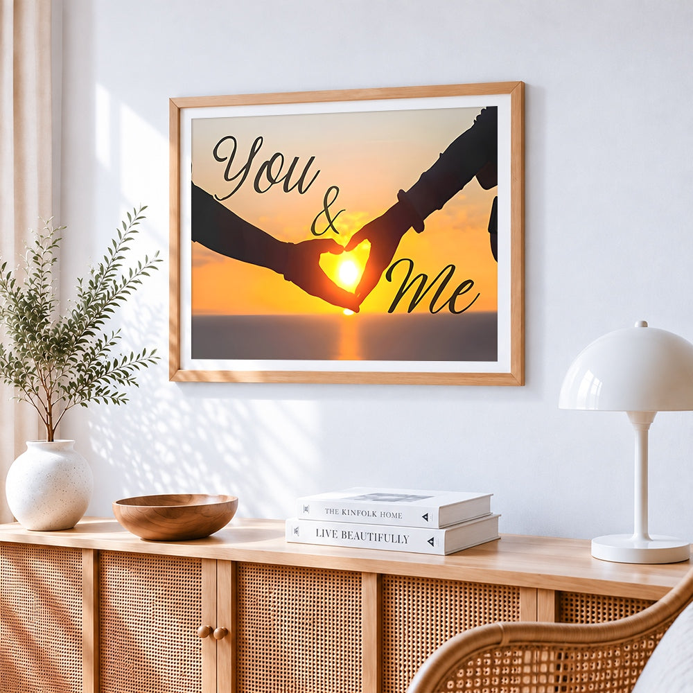 You and me sunset silhouette paint by numbers artwork displayed on wall as home decor