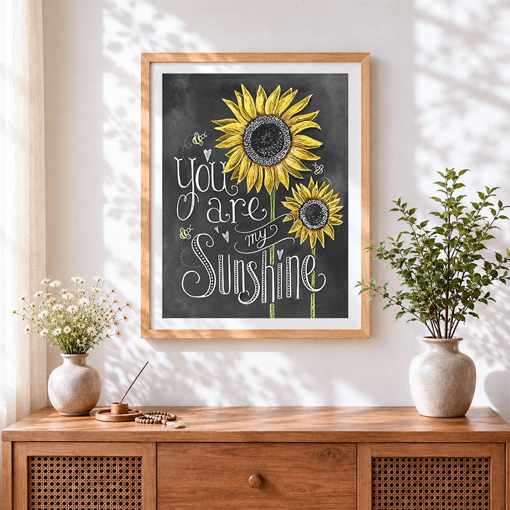 Finished you are my sunshine sunflower cross stitch artwork displayed