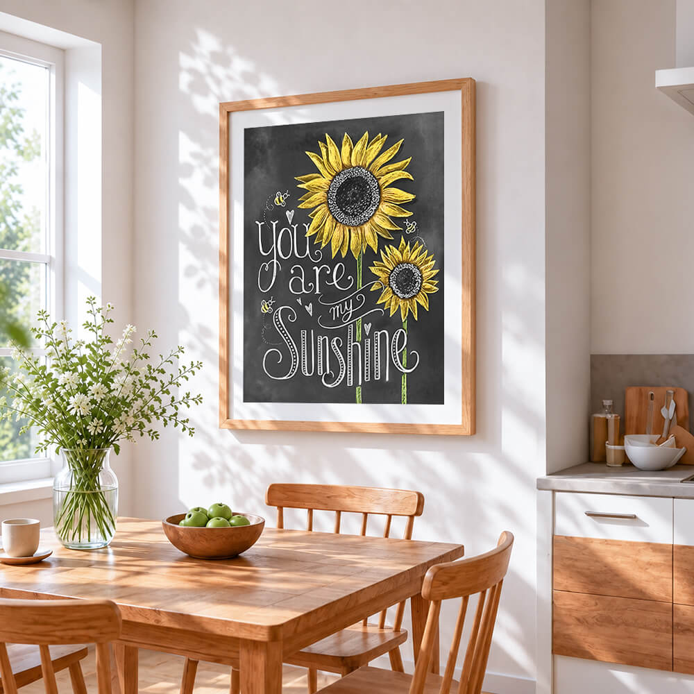 You are my sunshine sunflower cross stitch artwork displayed on wall as home decor
