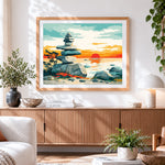 Finished zen balanced stones at sunset paint by numbers artwork displayed as home decor