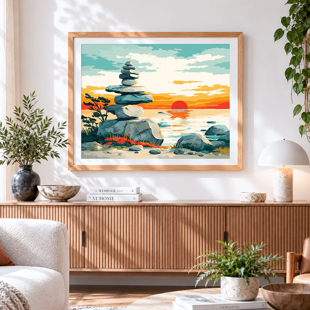 Finished zen balanced stones at sunset paint by numbers artwork displayed as home decor
