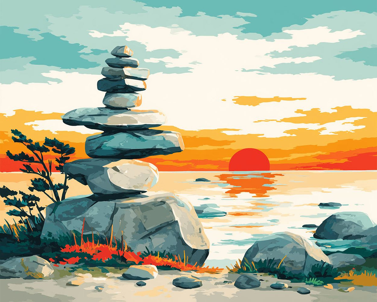 Zen balanced stones at sunset paint by numbers kit for beginners