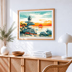 Zen balanced stones at sunset paint by numbers artwork displayed on wall as home decor